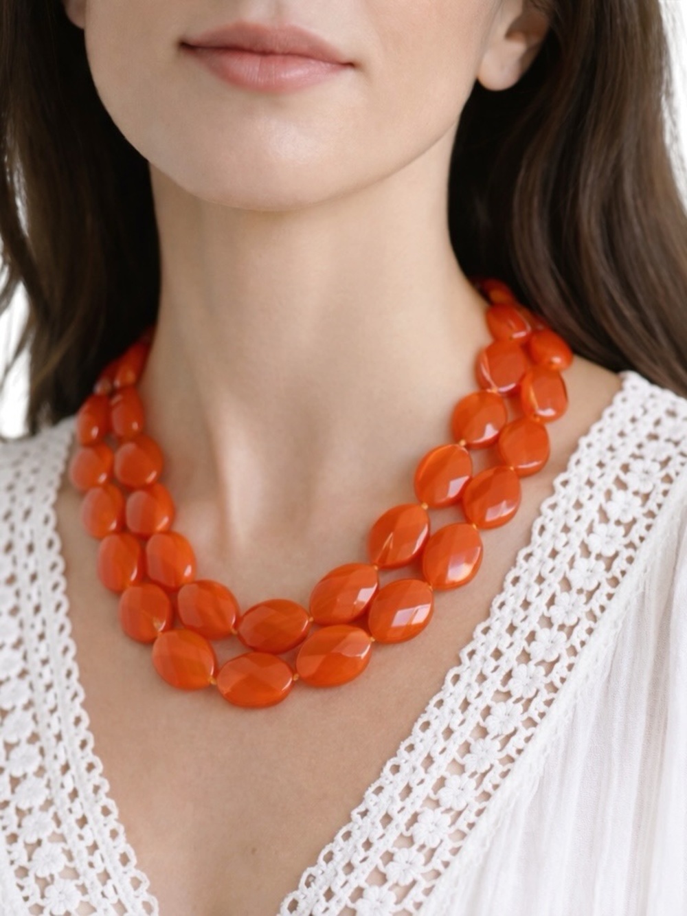 VTG Orange Lucite Double Strand Chunky Faceted Bead Necklace Gold Clasp Retro